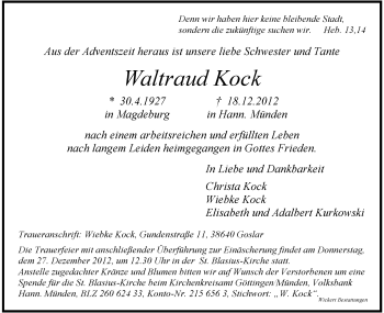 Todesanzeige von Waltraud Kock von HNA