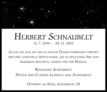 Todesanzeige von Herbert Schnaubelt von HNA