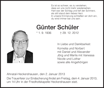 Todesanzeige von Günter Schüler von HNA