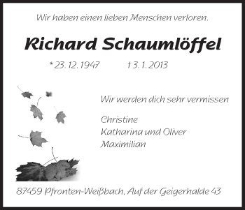 Todesanzeige von Richard Schaumlöffel von HNA