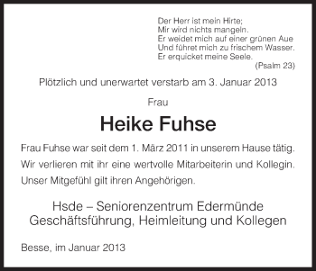 Todesanzeige von Heike Fuhse von HNA