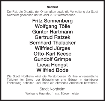Todesanzeige von Stadtverwaltung Northeim Gedenken an von HNA