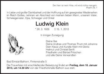 Todesanzeige von Ludwig Klein von HNA