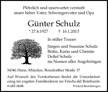 Todesanzeige von Günter Schulz von HNA