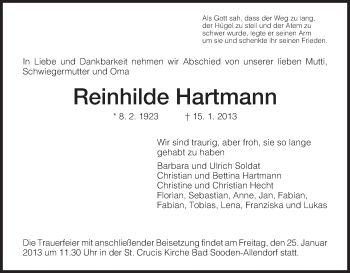 Todesanzeige von Reinhilde Hartmann von HNA