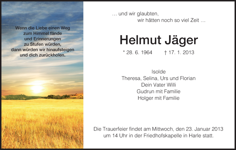  Traueranzeige für Helmut Jäger vom 21.01.2013 aus HNA