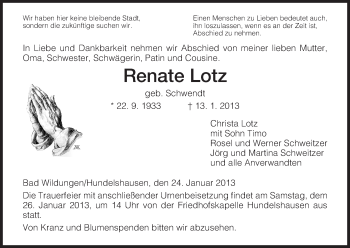 Todesanzeige von Renate Lotz von HNA