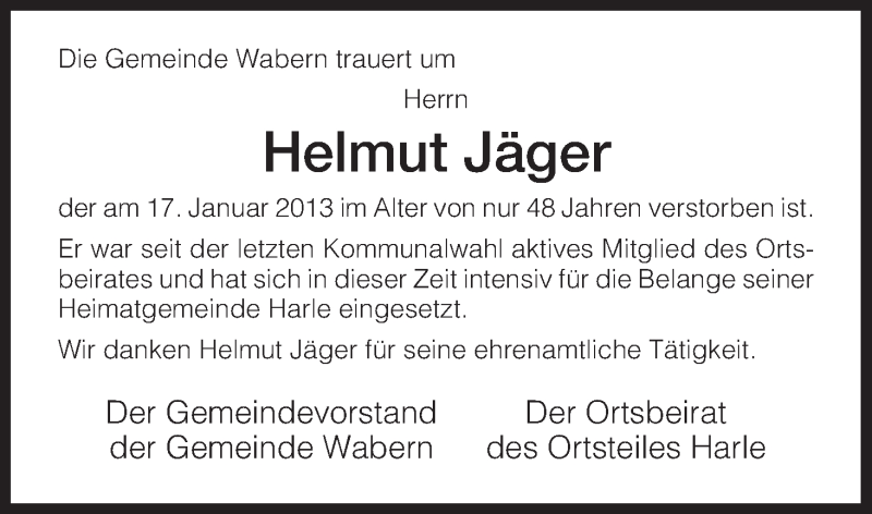  Traueranzeige für Helmut Jäger vom 22.01.2013 aus HNA