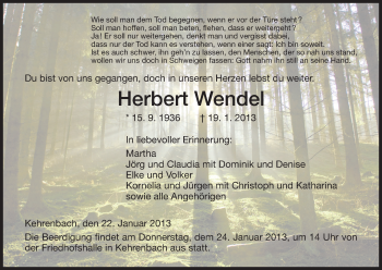 Todesanzeige von Herbert Wendel von HNA