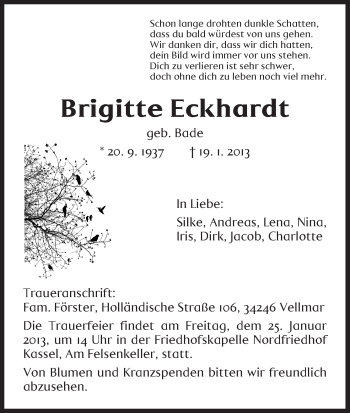 Todesanzeige von Brigitte Eckhardt von HNA