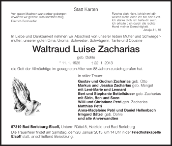 Todesanzeige von Waltraud Luise Zacharias von HNA