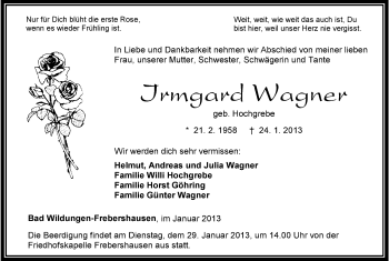 Todesanzeige von Irmgard Wagner von HNA