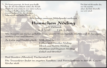 Todesanzeige von Hannchen Nöding von HNA