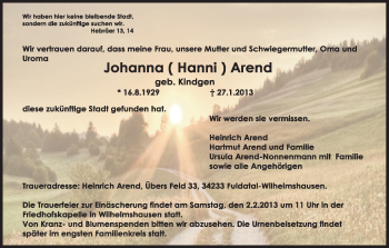 Todesanzeige von Johanna Arend von HNA