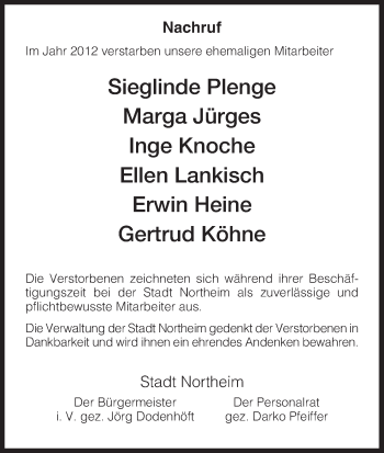 Todesanzeige von Stadt Northeim Gedenken von HNA