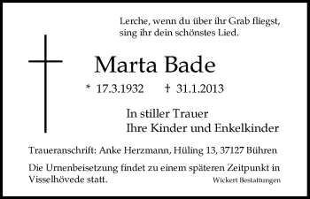 Todesanzeige von Marta Bade von HNA