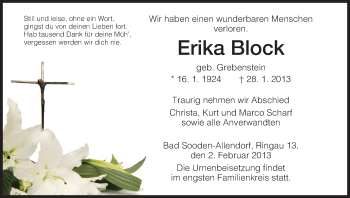 Todesanzeige von Erika Block von HNA