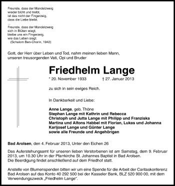 Todesanzeige von Friedhelm Lange von HNA