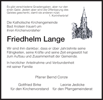 Todesanzeige von Friedhelm Lange von HNA