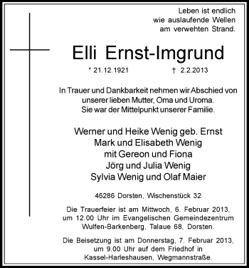 Todesanzeige von Elli Ernst-Imgrund von HNA