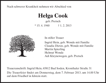 Todesanzeige von Helga Cook von HNA