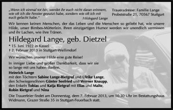 Todesanzeige von Hildegard Lange von HNA