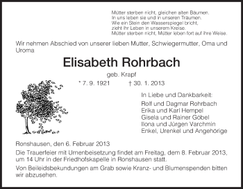 Todesanzeige von Elisabeth Rohrbach von HNA