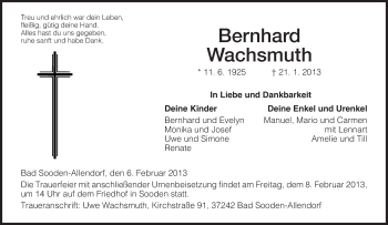 Todesanzeige von Bernhard Wachsmuth von HNA