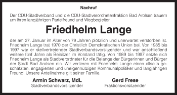 Todesanzeige von Friedhelm Lange von HNA