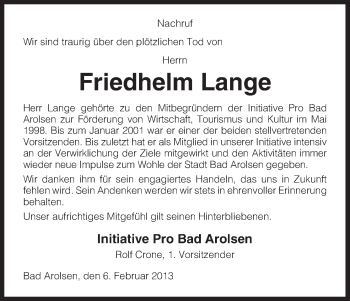 Todesanzeige von Friedhelm Lange von HNA