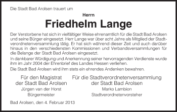 Todesanzeige von Friedhelm Lange von HNA
