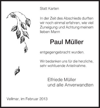 Todesanzeige von Paul Müller von HNA