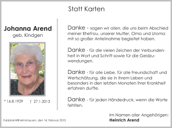 Todesanzeige von Johanna Arend von HNA