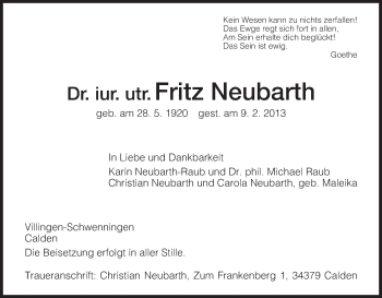 Todesanzeige von Fritz Neubarth von HNA