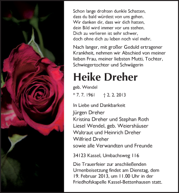 Todesanzeige von Heike Dreher von HNA