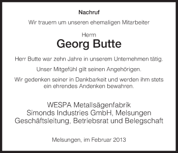 Todesanzeige von Georg Butte von HNA