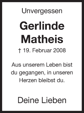 Todesanzeige von Gerlinde Matheis von HNA