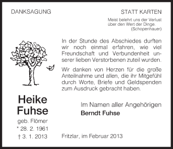 Todesanzeige von Heike Fuhse von HNA