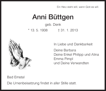 Todesanzeige von Anni Büttgen von HNA