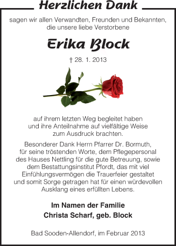 Todesanzeige von Erika Block von HNA