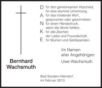 Todesanzeige von Bernhard Wachsmuth von HNA