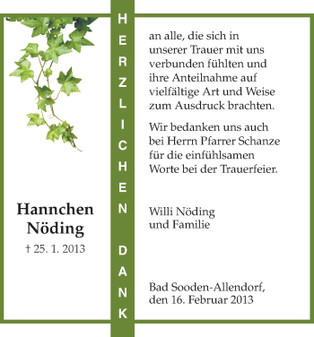 Todesanzeige von Hannchen Nöding von HNA