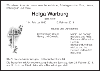 Todesanzeige von Helga Warburg von HNA