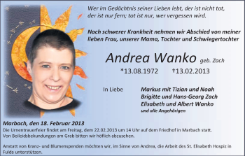 Todesanzeige von Andrea Wanko von HNA