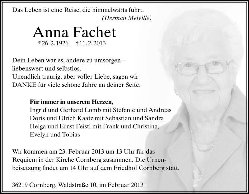  Traueranzeige für Anna Fachet vom 20.02.2013 aus HNA