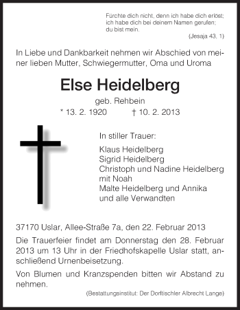 Todesanzeige von Else Heidelberg von HNA