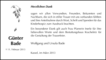 Todesanzeige von Günter Bade von HNA