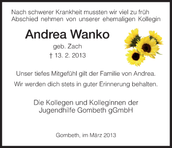 Todesanzeige von Andrea Wanko von HNA