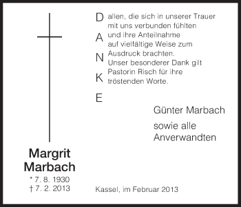 Todesanzeige von Margrit Marbach von HNA