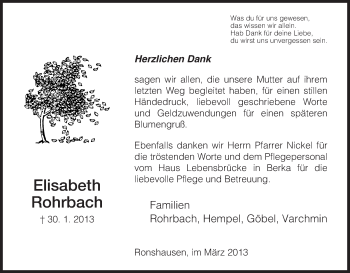 Todesanzeige von Elisabeth Rohrbach von HNA
